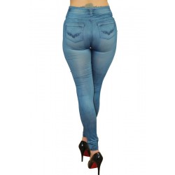 Legging bleu style jean moulant avec impressions sur poches dos